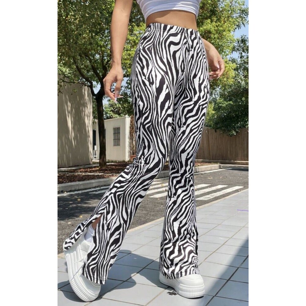 Shein Brown White Zebra Lounge Pants Elastic Waist Split Hem Y2K Sz XL